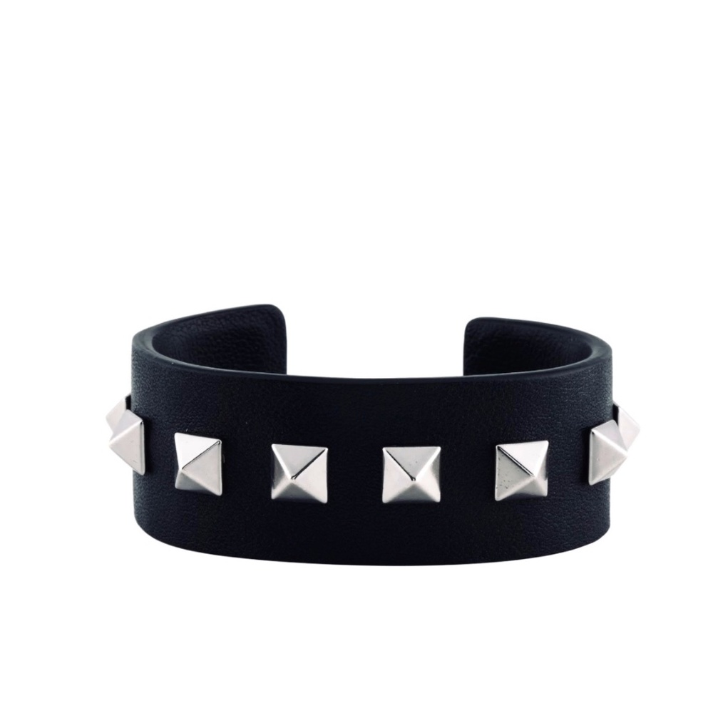 Valentino Rockstud Black Leather Medium Silver Spiked Open Cuff Bracelet
